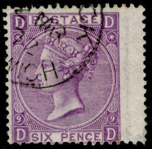 SG109, 6d mauve PLATE 9, FINE USED. Cat £90. DD 