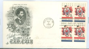 US 1309 1966 5c circus FDC bl of 4 on an Artcraft cachet, pencil address partially erased