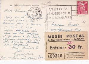 France 1950 Les Dome de Invalids with Musee Postal Ticket Postcard used VGC