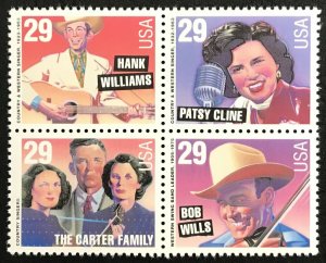 1993 Country & Western Music Block Of 4 29c Postage Stamps, Sc# 2771-2774, MNH
