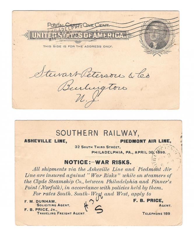 UX14 Philadelphia 1898 Barry Cance Southern Railway War Risks Clyde Steamship Co