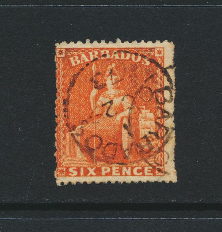 BARBADOS 1870, 6d ORANGE VERM, VF USED SG#46 CAT£90 $118(SEE BELOW)