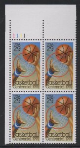 1991 Basketball, 100th Anniv. Plate Block of 4 29c Stamps, Sc# 2560, MNH, OG