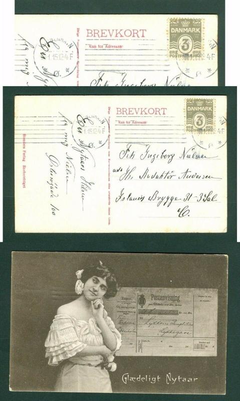 Denmark. Postcard. New Year 1915. Lady  With Post Money Receipt. Stamp 3 Ore.