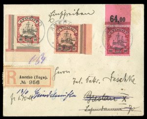 German Colonies, Togo #13-15, 1909 registered cover sent from Anecho, with 40...