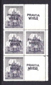 BOHEMIA & MORAVIA 89 BLOCK OF 4 +2 LABELS PRAVDA VITEZI OVERPRINT OG NH U/M F/VF