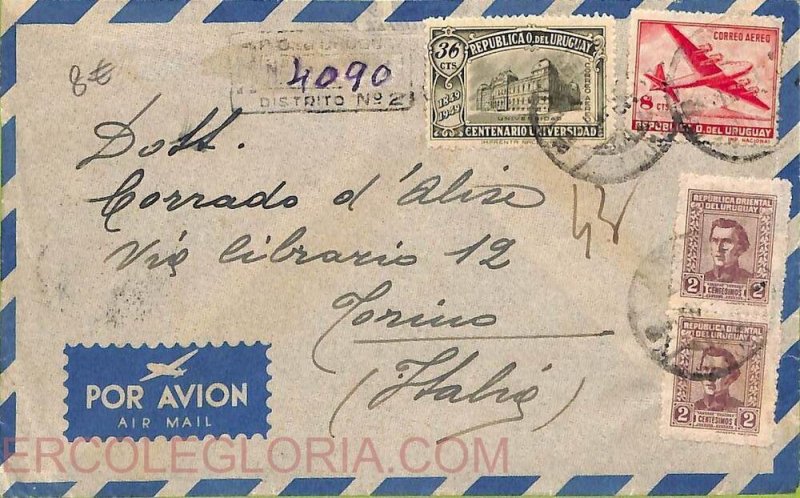 ad6431 - URUGUAY - Postal History - REGISTERED Airmail cover to ITALY 1951