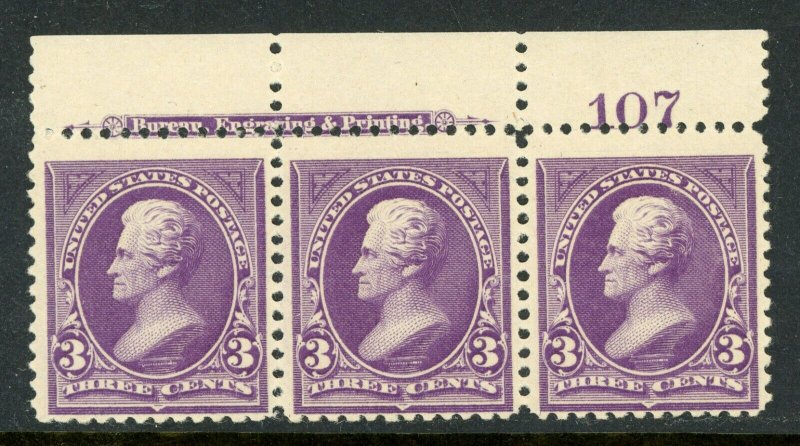 USA 1894 Jackson 3¢ Plate # Inscription Strip of 3 Scott 253 Unwmk MNH G907