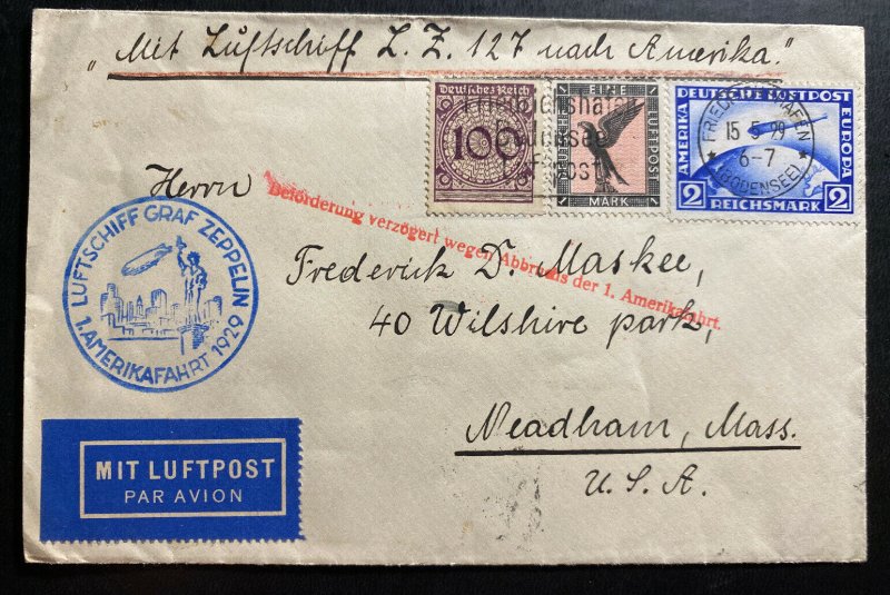 1929 Germany Graf Zeppelin LZ 127 Airmail Cover to Neadham MA USA Sc#C36