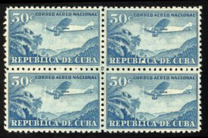 Cuba #C130 Cat$20, 1956 50c greenish blue, block of four, never hinged