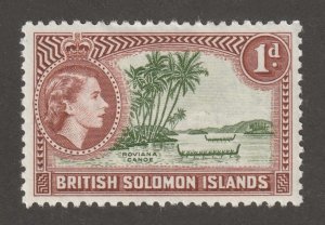 Soloman Islands, stamp, scott#90,  mint, hinged,  1d, canoe, palm tree