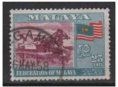 Federation of MALAYA 1957 - Scott 82 used - 25c, Flag & Tin 