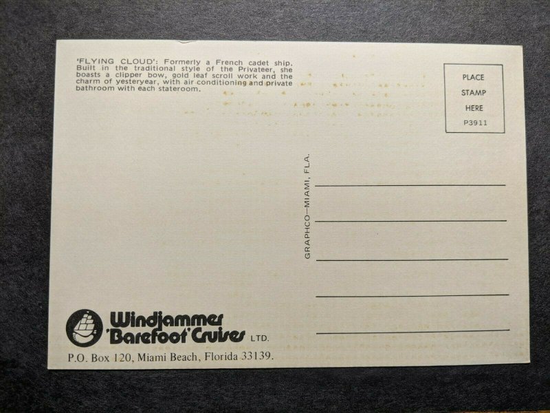 FLYING CLOUD, Windjammer Barefoot Cruises Naval Cover unused postcard