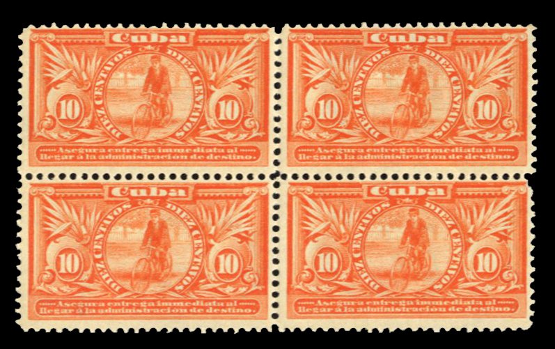 Cuba #E2 Cat$412.50, 1899 10c orange, block of four, upper right stamp hinged...