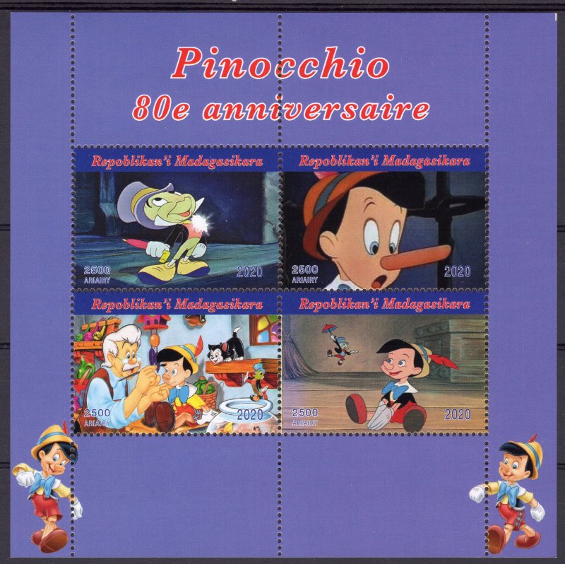 Malagasy Republic 2020 PINOCCHIO  80th.Anniversary-DISNEY Sheetlet (4)  MNH