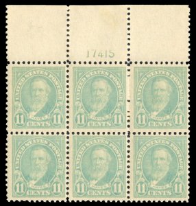 United States, 1910-30 #563 Cat$55, 1922 11c greenish blue, plate block of si...