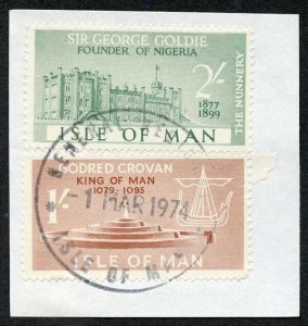 Isle of Man 2/- Green and 1/- Brown QEII Pictorial Revenues CDS On Piece