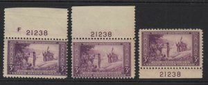 1934 Wisconsin Tercentenary 3c purple Sc 739 MNH matched plate number 21238 (E