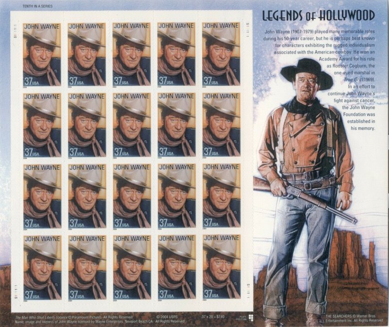 US: 2004 JOHN WAYNE - LEGENDS OF HOLLYWOOD; Sheet Sc 3876; 37 Cents Values