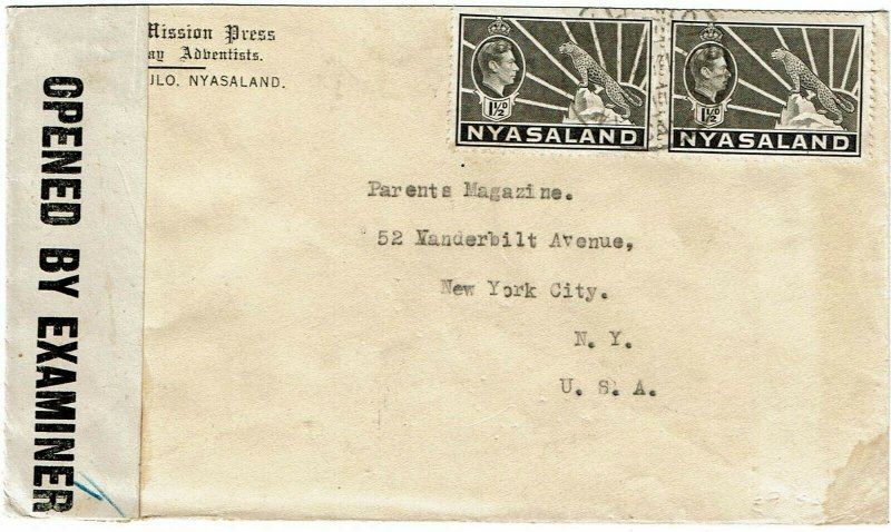 Nyasaland 1943 Malamoyo cancel on cover to the U.S., censored