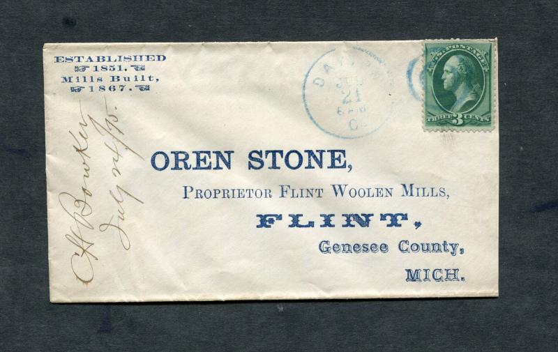 Postal History - Dayton OH 1875 Blue Target Cancel Cover Return Envelope B0295