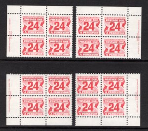 Scott J39, 24c, VF, MNHOG, 4th issue, Set of 4 Plate Blocks of 4, Canada Postage