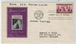 1939 PANAMA CANAL TEDDY ROOSEVELT FDC 856-22D IOOR COLOR VARIETY MAUVE HAND TINT