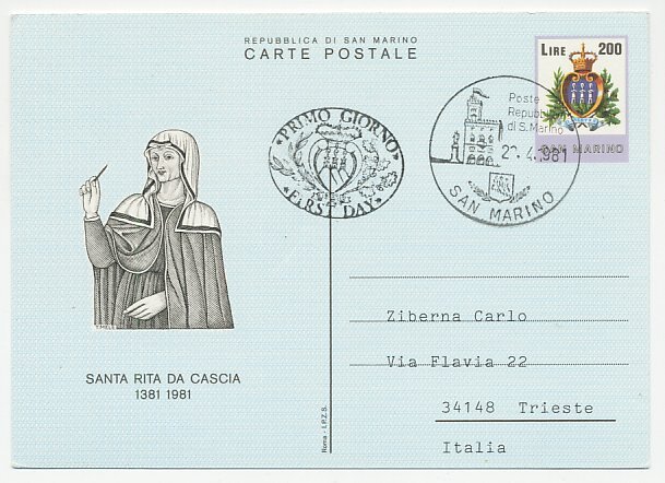 Postal stationery San Marino 1981 Santa Rita da Cascia