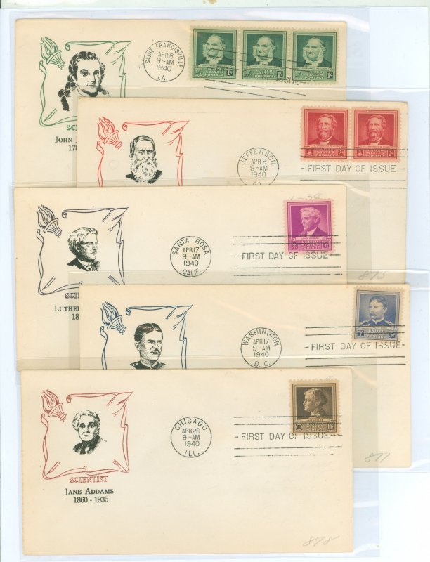 US 874-878 1940 Scientists (set of five) part of the famous American series on five first day covers with matching cachet craft