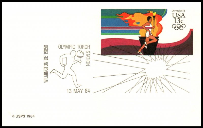 US Olympics Torch Run Wilmington,DE 1984 Cancel Postcard Cover