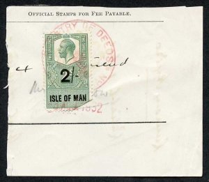 Isle of Man KGV 2/- Key Plate Type Revenue CDS on Piece