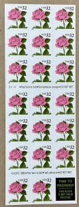 2492r  32 c Pink Rose Convertible Pane of 20 FV 6.40 Die Cut Reorder 1995