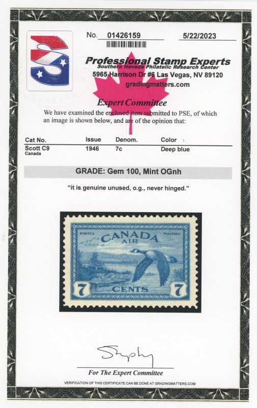 Canada C9 - 7 cent airmail - PSE Graded Cert - GEM 100 Mint OGnh