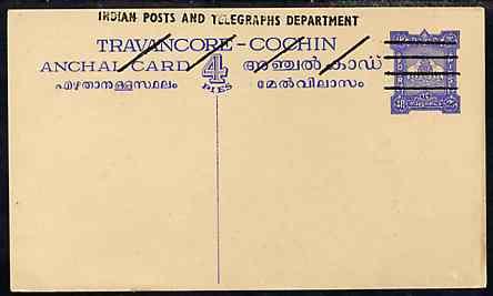 Indian States - Travancore-Cochin 1950c 4 pies p/stat car...