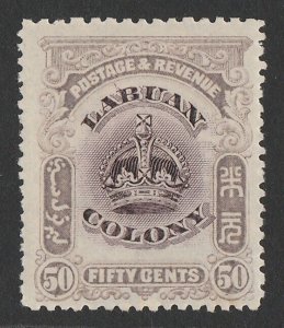 LABUAN 1902 Crown 12c black & yellow, variety 'line through B'.