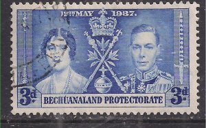 Bechuanaland 1937 KGV1 3d Coronation Bright Blue Used SG 117 ( L1286 )