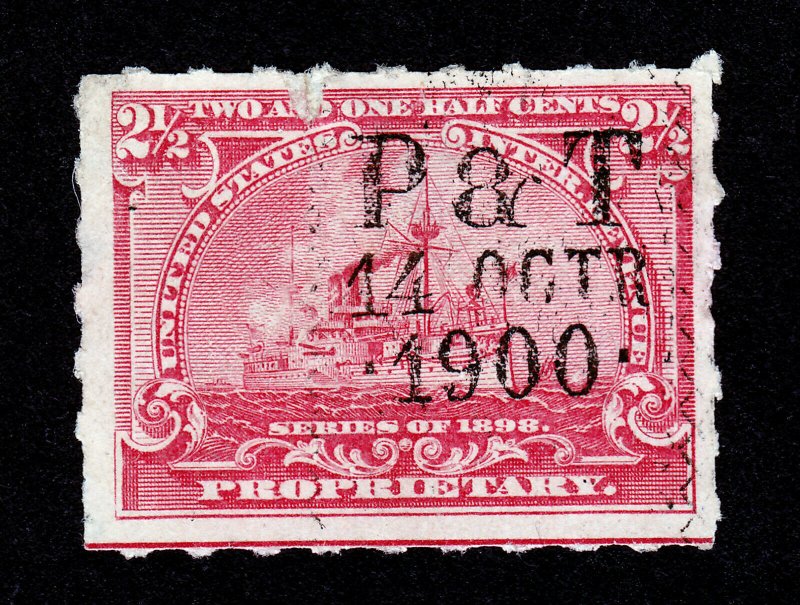 U.S. REVENUE PROPRIETARY BATTLESHIP STAMP SCOTT #RB28P - 2½C PRINTED CANCEL P&T