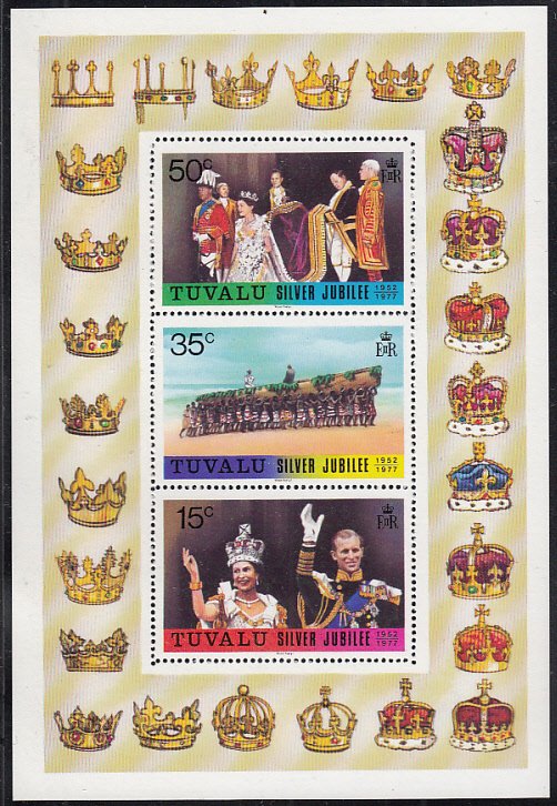 Tuvalu 1977 MNH Sc #45a Souvenir sheet of 3 25th Ann of Reign of Elizabeth II