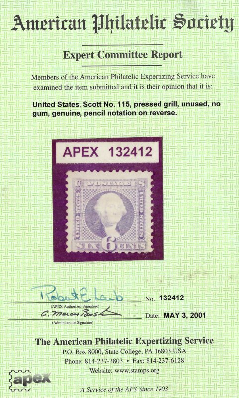 *115 FINE WITH APS CERTIFICATE, SCOTT $1050