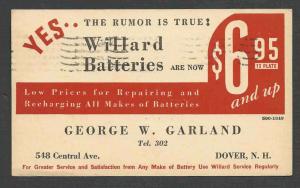 Ca 1937 PC DOVER NH WILLARD (AUTO) BATTERIES BY GEO W GARLAND