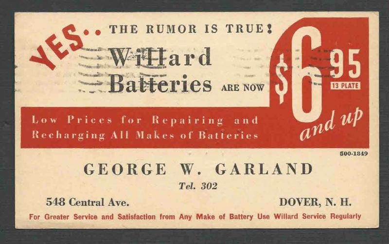 Ca 1937 PC DOVER NH WILLARD (AUTO) BATTERIES BY GEO W GARLAND