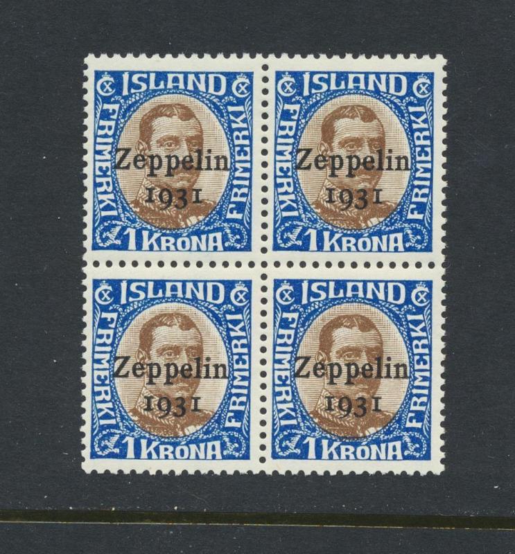 ICELAND 1931, 1Kr ZEPPELIN BLOCK, VF NH Sc#C10 CAT$164 (SEE BELOW)