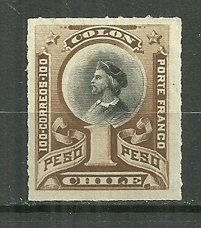 1892 Chile 1 peso Columbus Roulette Perf uncancelled/NG