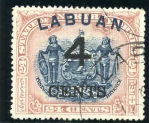 Labuan 1899 QV 4c on 24c blue & lilac-brown (p16) very fine used. SG 107c.