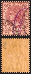 Straits Settlements SG102 12c Claret Used in Singapore Cat 18 pounds