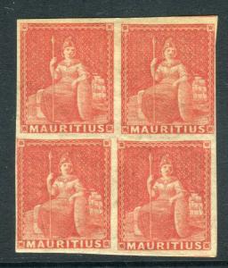 MAURITUS-1858-62 6d Vermilion mounted mint block of 4 with margins Sg 28