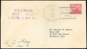 5/6/34 USS Macon Over Fleet 7:30 PM, 6 MAY 1934 A.A. LOPP Cachet & Sig, AT SEA