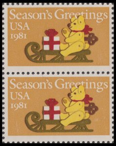 US 1940 Season's Greetings Bear on Sleigh 20c vert pair MNH 1981