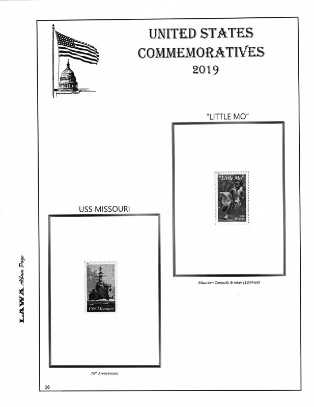 2019 US COMMEMORATIVE PLATE BLOCKS  SUPPLEMENT – LAWA Album Pages