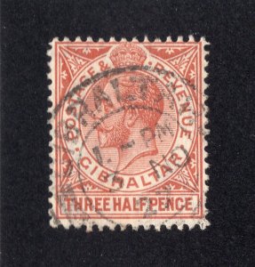 Gibraltar 1922 1 1/2p red brown George V, Scott 78 used, value = 60c